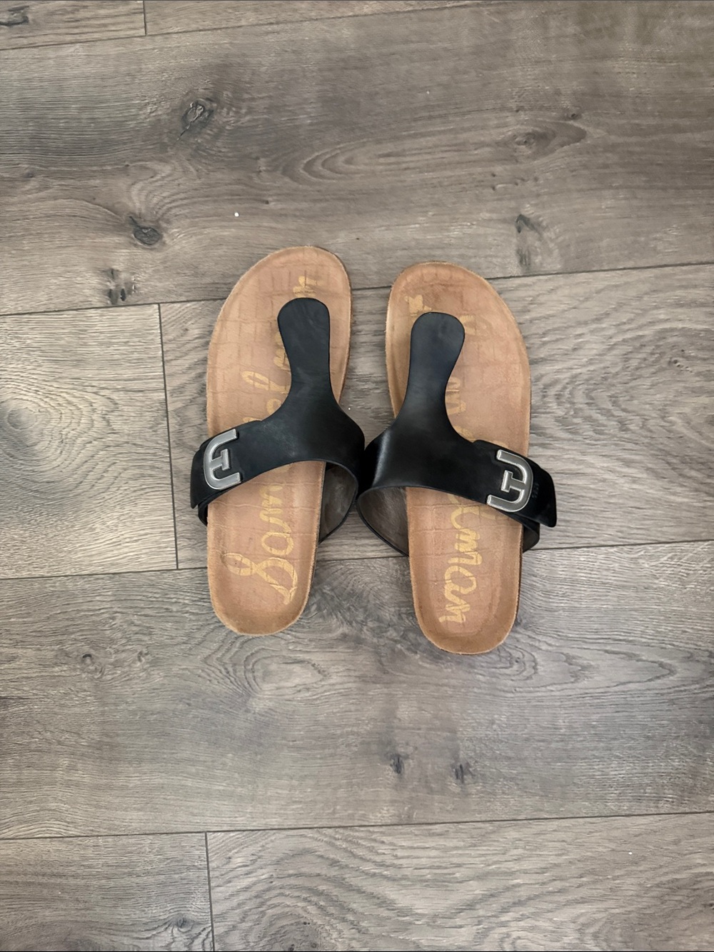 Sam Edelman Black Leather Toe-Loop Slide Sandals